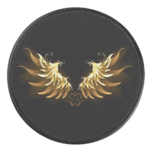 Golden Angel Wings op zwarte achtergrond Hockey Puck