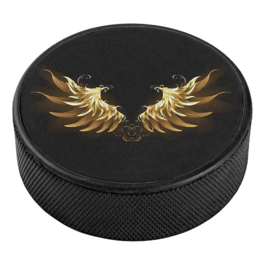 Golden Angel Wings op zwarte achtergrond Hockey Puck (3/4)