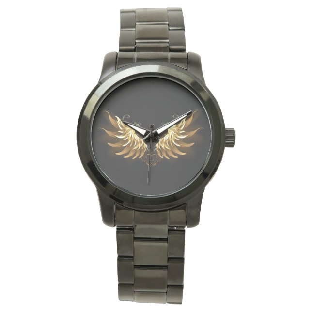 Golden Angel Wings op zwarte achtergrond Horloge (Voorkant)