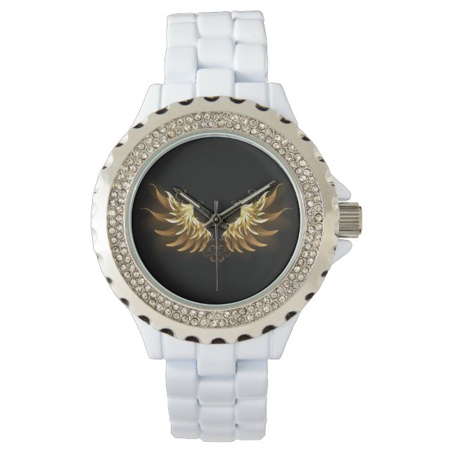 Golden Angel Wings op zwarte achtergrond Horloge (Voorkant)
