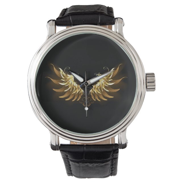 Golden Angel Wings op zwarte achtergrond Horloge (Voorkant)