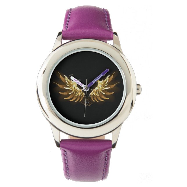 Golden Angel Wings op zwarte achtergrond Horloge (Voorkant)