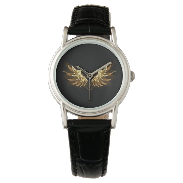 Golden Angel Wings op zwarte achtergrond Horloge (Voorkant)