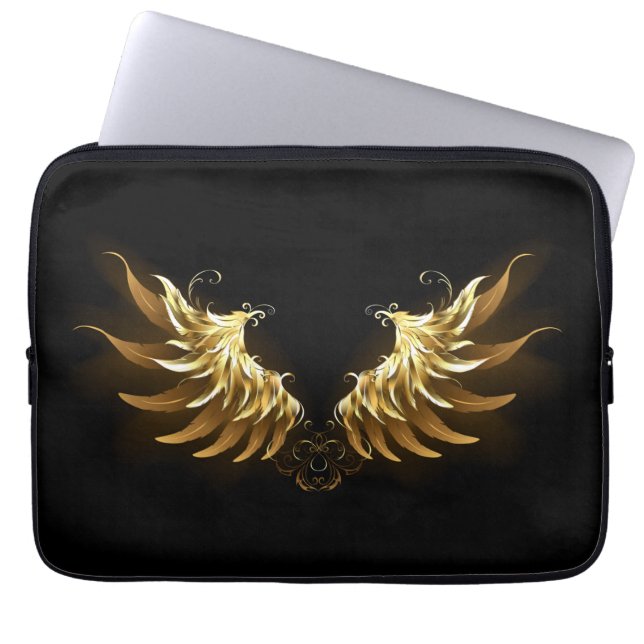 Golden Angel Wings op zwarte achtergrond Laptop Sleeve (Voorkant)