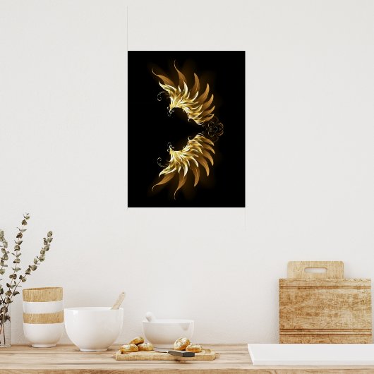 Golden Angel Wings op zwarte achtergrond Poster (Keuken)