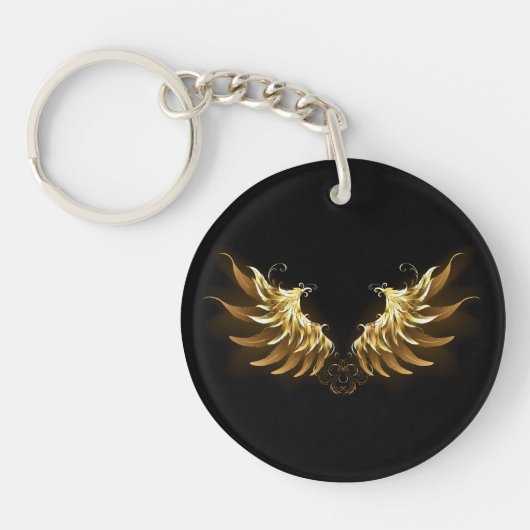Golden Angel Wings op zwarte achtergrond Sleutelhanger (Voorkant)