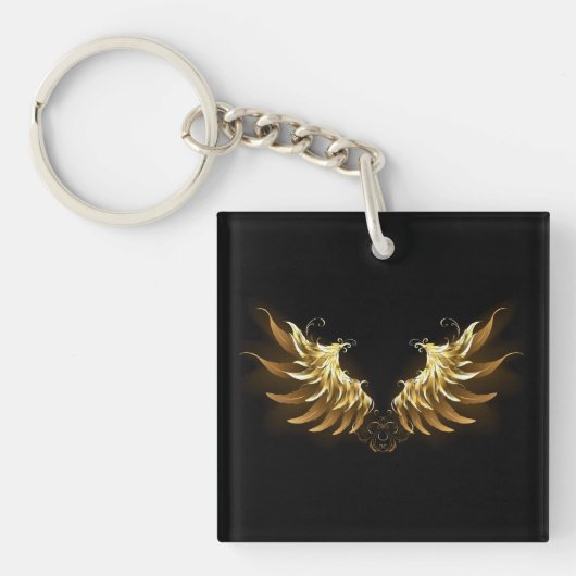 Golden Angel Wings op zwarte achtergrond Sleutelhanger (Voorkant)