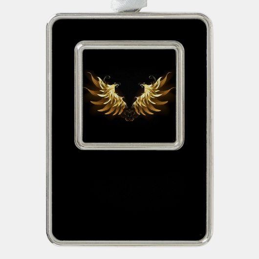 Golden Angel Wings op zwarte achtergrond Verzilverd Omlijst Ornament (Voorkant)