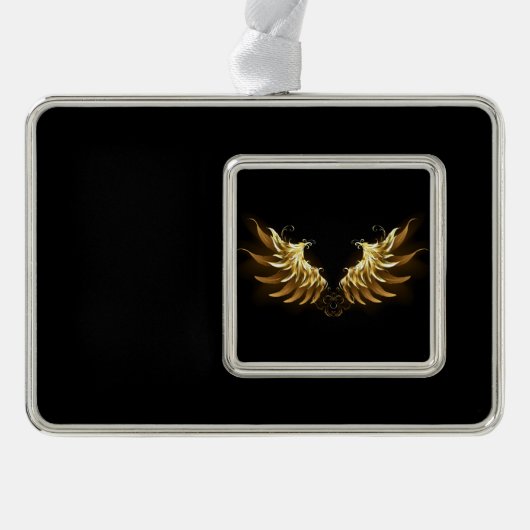 Golden Angel Wings op zwarte achtergrond Verzilverd Omlijst Ornament (Voorkant)