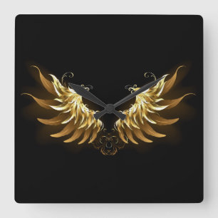 Golden Angel Wings op zwarte achtergrond Vierkante Klok