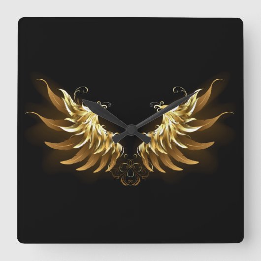 Golden Angel Wings op zwarte achtergrond Vierkante Klok (Voorkant)