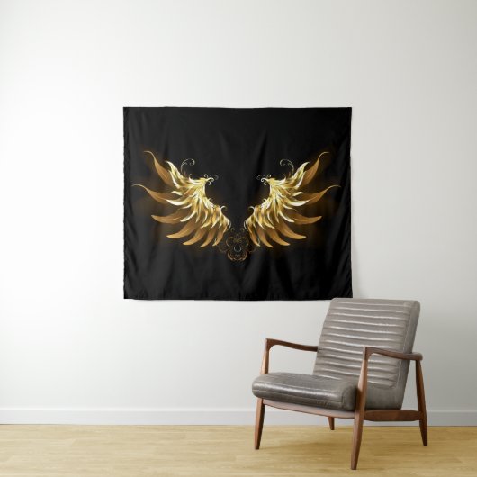 Golden Angel Wings op zwarte achtergrond Wandkleed (In Situ (horizontaal))
