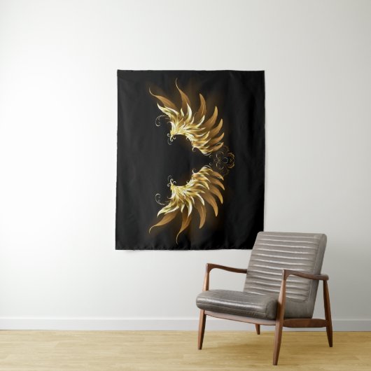Golden Angel Wings op zwarte achtergrond Wandkleed (In situ)