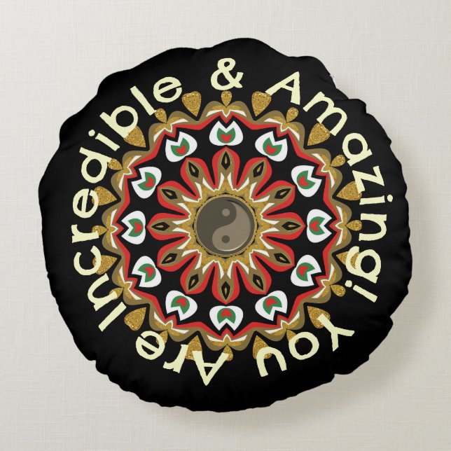 Golden Angels Yin Yang Mandala Rond Kussen (Achterkant)