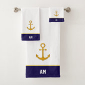 Golden anker en monogram op marinesblauw en witbad bad handdoek (Insitu)