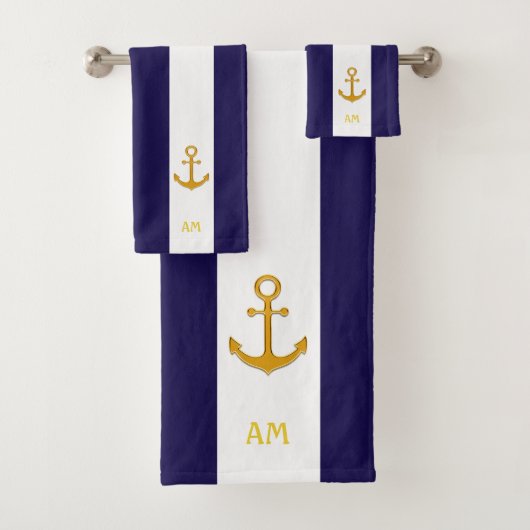 Golden anker op marineblauw en witte strips bad handdoek (Insitu)