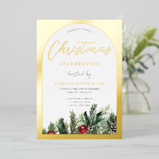 Golden Arch Family of Kantoor Kerstfeest Folie Uitnodiging (Staand Voorkant)