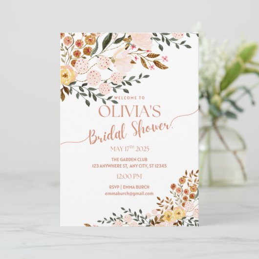 Golden Autumn Botanicals Bridal Shower Invitation Kaart (Staand voorkant)
