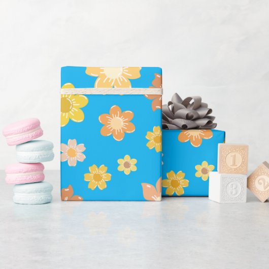 Golden Autumn Flowers Blue Seamless Herfst Verjaar Cadeaupapier (Baby Shower)