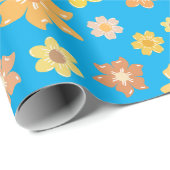 Golden Autumn Flowers Blue Seamless Herfst Verjaar Cadeaupapier (Rol Hoek)
