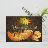 Golden Autumn Harvest Damask Birthday Invitation Kaart (Staand voorkant)