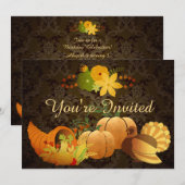 Golden Autumn Harvest Damask Birthday Invitation Kaart (Voorkant / Achterkant)