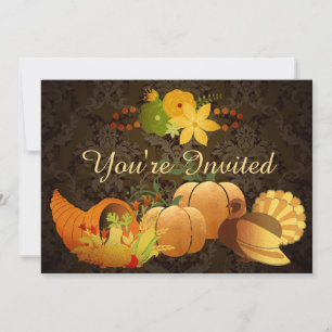 Golden Autumn Harvest Damask Birthday Invitation Kaart