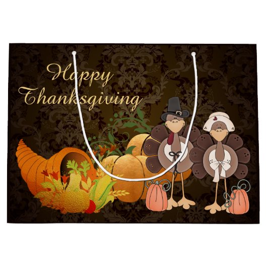 Golden Autumn Harvest Damask Happy Thanksgiving Groot Cadeauzakje (Voorkant)