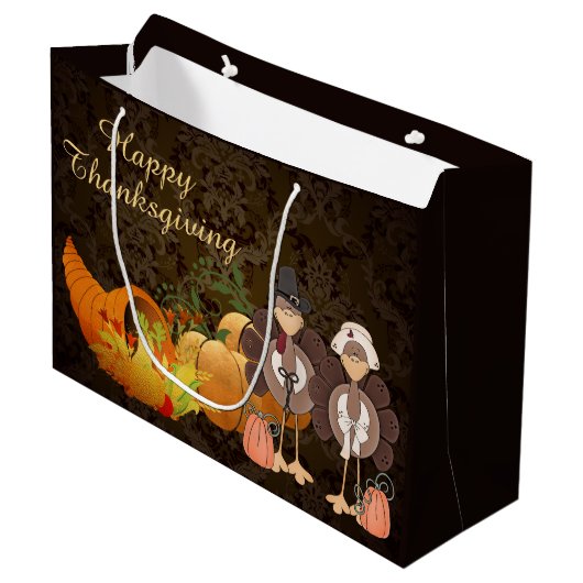 Golden Autumn Harvest Damask Happy Thanksgiving Groot Cadeauzakje (Voorkant Gekanteld)