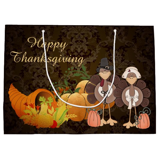 Golden Autumn Harvest Damask Happy Thanksgiving Groot Cadeauzakje (Achterkant)