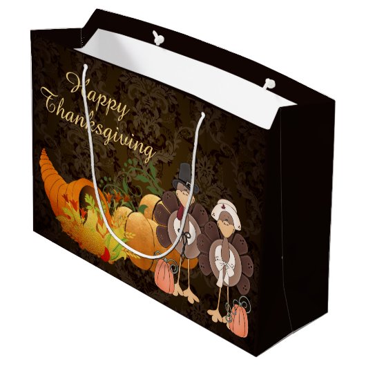 Golden Autumn Harvest Damask Happy Thanksgiving Groot Cadeauzakje (Achterkant Gekanteld)