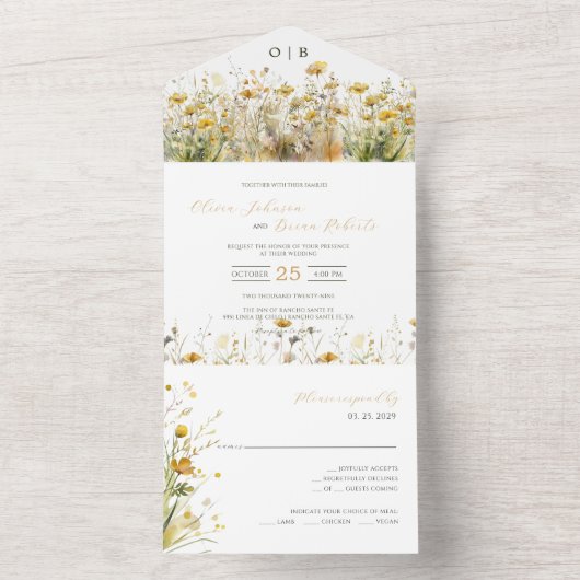 Golden Autumn Waterverf Wildflower Herfst Bruiloft All In One Uitnodiging (Binnen)
