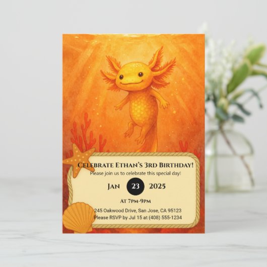 Golden Axolotl in Coral Reef Birthday Kaart (Staand voorkant)