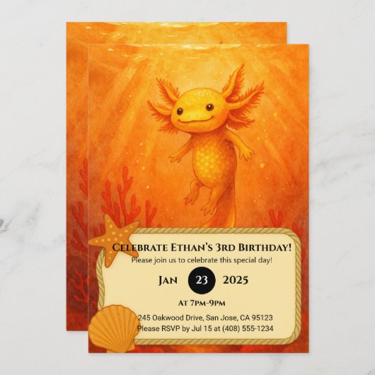 Golden Axolotl in Coral Reef Birthday Kaart (Voorkant / Achterkant)