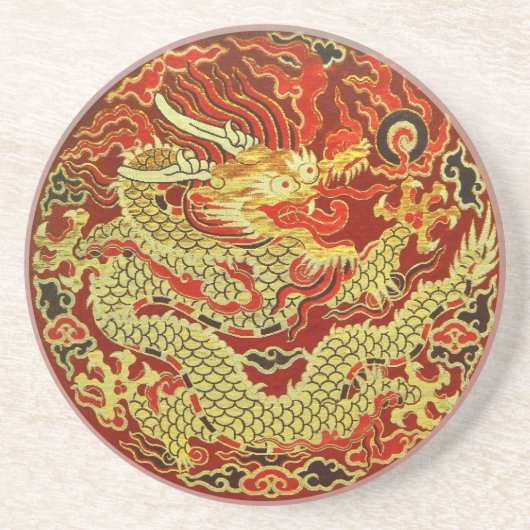 Golden-aziatische draak geborduurd op donkerrood zandsteen onderzetter (Voorkant)