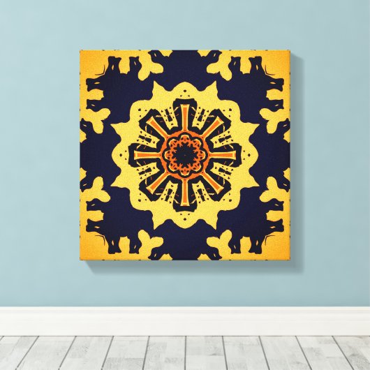 Golden Aztec Sun Abstract Navy Blue Home Wall Art Canvas Afdruk (Insitu (Houten vloer))