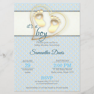 Golden Baby Boy Footprint and Hearts Baby shower Kaart
