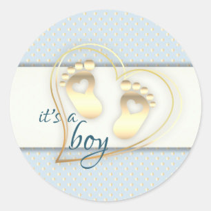 Golden Baby Boy Footprint and Hearts Baby shower Ronde Sticker