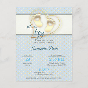 Golden Baby Boy Footprint and Hearts Baby shower Uitnodiging Briefkaart