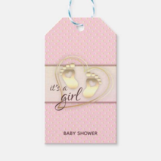 Golden Baby Girl Footprint and Hearts Baby shower Cadeaulabel (Voorkant)