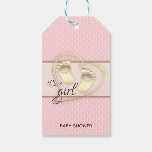 Golden Baby Girl Footprint and Hearts Baby shower Cadeaulabel (Achterkant)