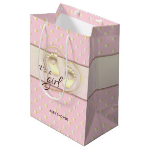 Golden Baby Girl Footprint and Hearts Baby shower Medium Cadeauzakje