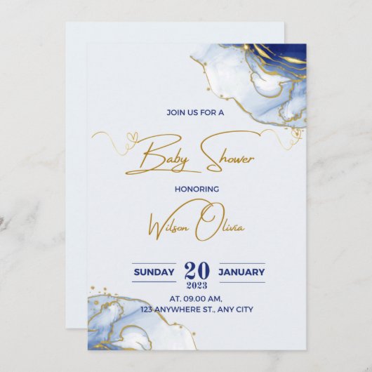 Golden baby shower Invitation Blue Feestdagenkaart (Voorkant / Achterkant)