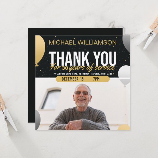 Golden Balloon Retirement Party Photo Invitation (Voorkant / Achterkant in situ)