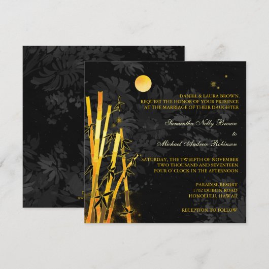 Golden Bamboo Black & Gold Wedding Invitations Kaart (Voorkant / Achterkant)