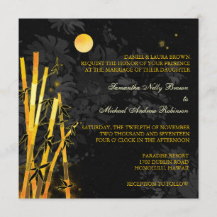 Golden Bamboo Black & Gold Wedding Invitations Kaart