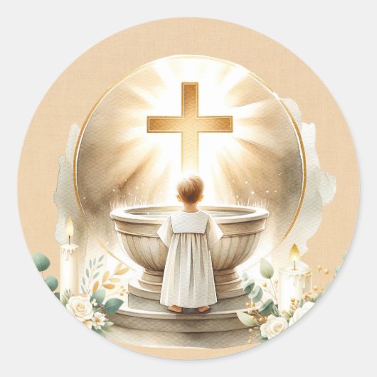 Golden Baptismal Baby Boy doopsel doop Ronde Sticker (Voorkant)