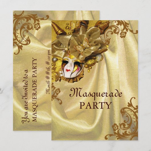 Golden Baroque Masquerade Party Kaart (Voorkant / Achterkant)