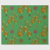 Golden Baubles en Snowflakes Green Kerstmis Cadeaupapier (Vlak)