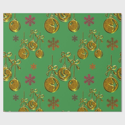 Golden Baubles en Snowflakes Green Kerstmis Cadeaupapier (Vlak)